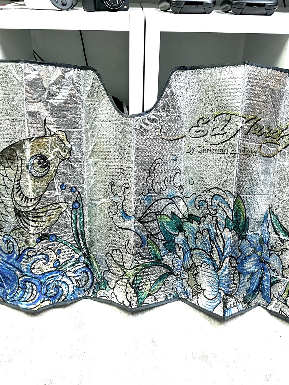 Ed Hardy Silver Reflective Sunshade with Blue, Green & Gold Artwork